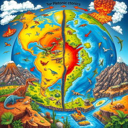 A detailed illustration showcasing the relationship between plate tectonics and the evolution of life on Earth