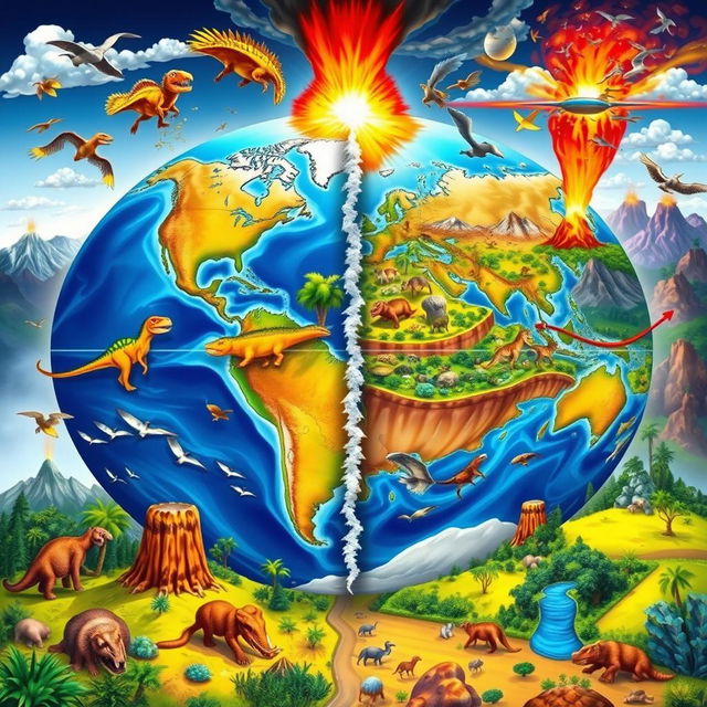 A detailed illustration showcasing the relationship between plate tectonics and the evolution of life on Earth