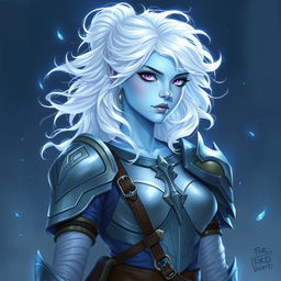 In the style of DnD character art, Lucira is depicted as a striking figure with light blue skin that radiates an enchanting glow