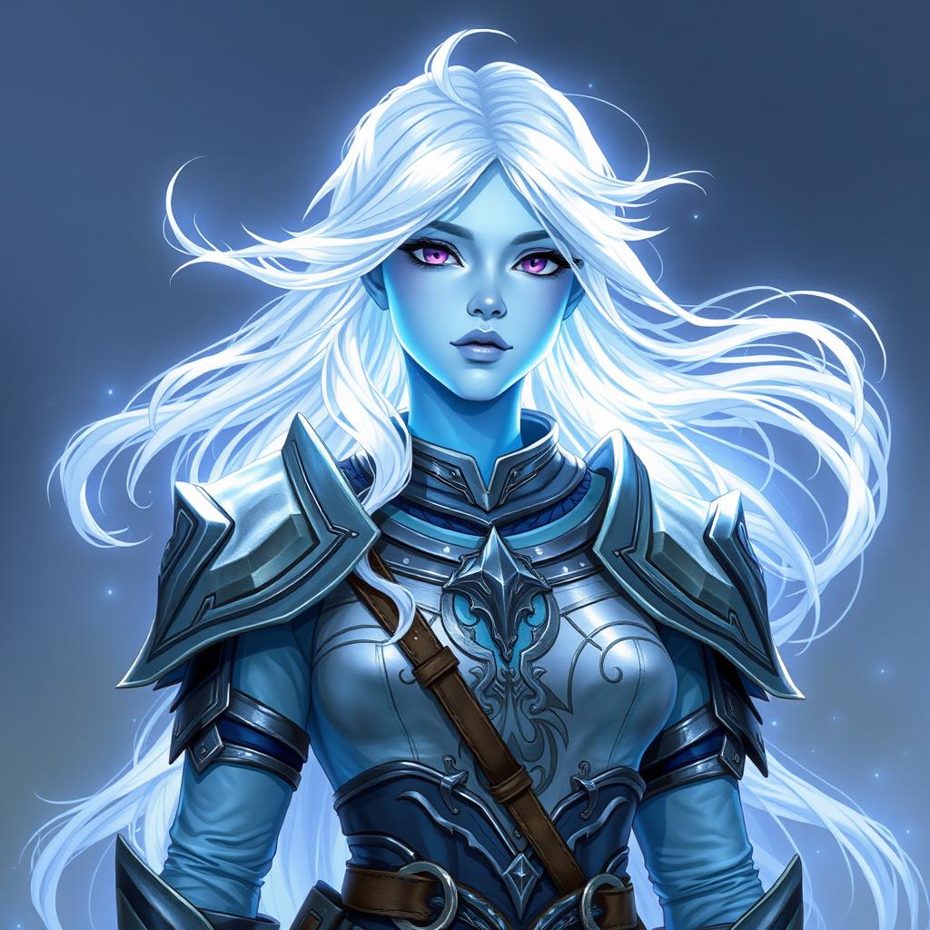 In the style of DnD character art, Lucira is depicted as a striking figure with light blue skin that radiates an enchanting glow