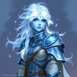 In the style of DnD character art, Lucira is depicted as a striking figure with light blue skin that radiates an enchanting glow