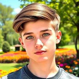 A handsome teenage boy with straight brown hair styled in a two-block haircut