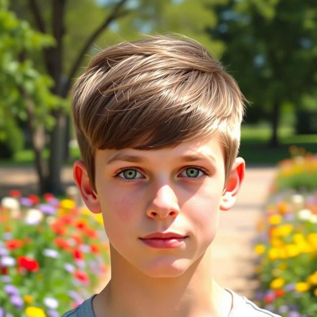 A handsome teenage boy with straight brown hair styled in a two-block haircut