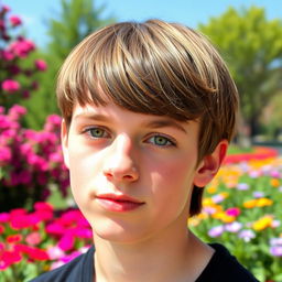 A handsome teenage boy with straight brown hair styled in a two-block haircut