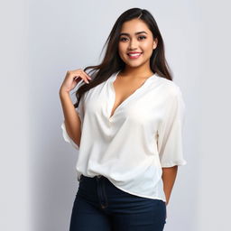 A beautiful Indonesian woman named Julia Verity wearing a neat, loose white blouse that elegantly drapes over her body in a relaxed fashion