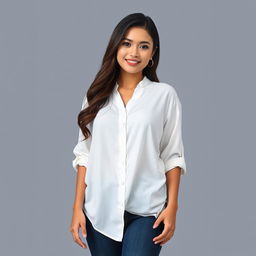 A beautiful Indonesian woman named Julia Verity wearing a neat, loose white blouse that elegantly drapes over her body in a relaxed fashion