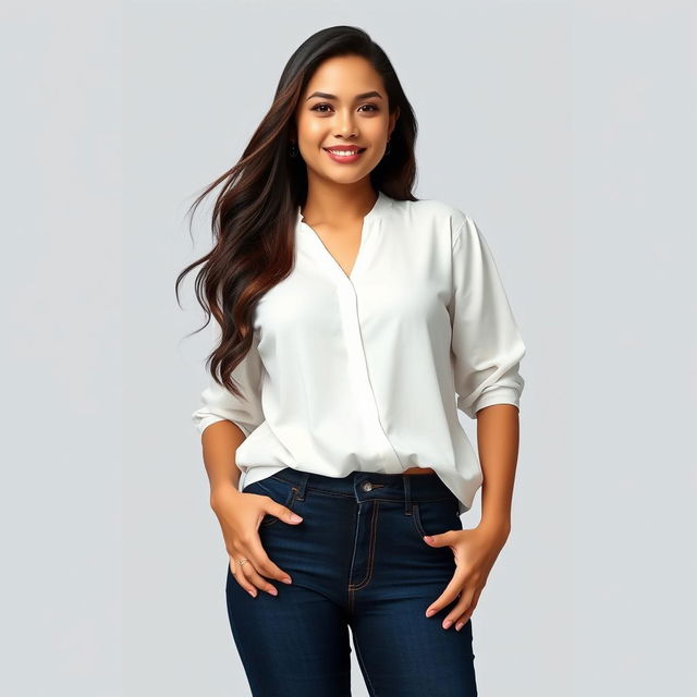 A beautiful Indonesian woman named Julia Verity wearing a neat, loose white blouse that elegantly drapes over her body in a relaxed fashion