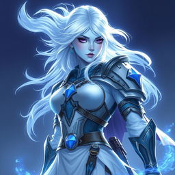 In the style of DnD character art, Lucira is depicted as a striking figure with light blue skin that glows subtly
