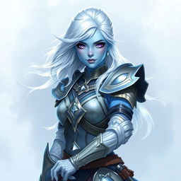 In the style of DnD character art, Lucira is depicted as a striking figure with light blue skin that glows subtly