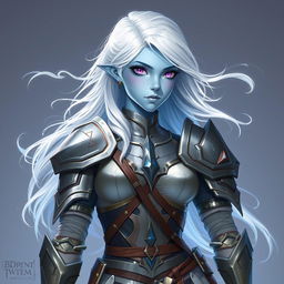 In the style of DnD character art, Lucira is portrayed as a striking figure with light blue skin that gives off a mesmerizing glow
