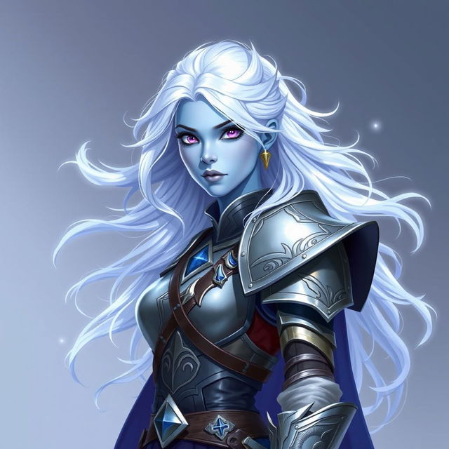 In the style of DnD character art, Lucira is portrayed as a striking figure with light blue skin that gives off a mesmerizing glow