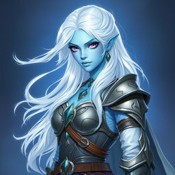 In the style of DnD character art, Lucira is portrayed as a striking figure with light blue skin that gives off a mesmerizing glow
