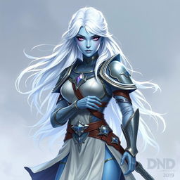 In the style of DnD character art, Lucira is portrayed as a striking figure with light blue skin that gives off a mesmerizing glow
