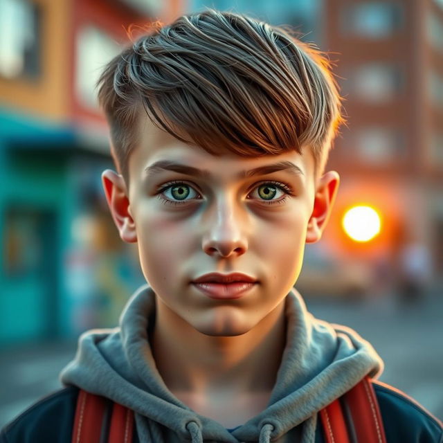 A stylish teenage boy with a two-block haircut and straight brown hair, featuring striking green eyes and fair white skin