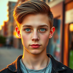 A stylish teenage boy with a two-block haircut and straight brown hair, featuring striking green eyes and fair white skin