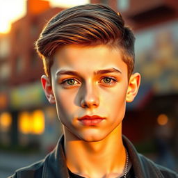 A stylish teenage boy with a two-block haircut and straight brown hair, featuring striking green eyes and fair white skin