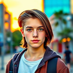 A stylish teenage boy with a two-block haircut and straight brown hair, featuring striking green eyes and fair white skin