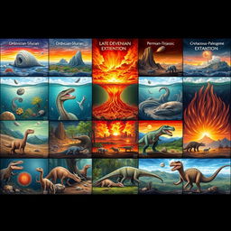 An artistic illustration depicting the five major mass extinctions in Earth's history