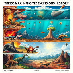 An artistic illustration depicting the five major mass extinctions in Earth's history