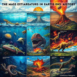 An artistic illustration depicting the five major mass extinctions in Earth's history