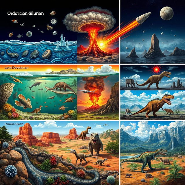 An artistic illustration depicting the five major mass extinctions in Earth's history