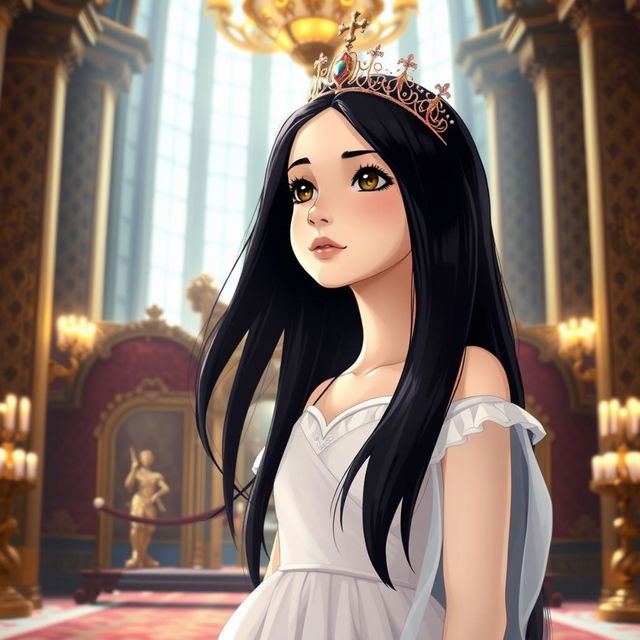 A full-body illustration of a 13-year-old white Brazilian princess with long, straight black hair and dark eyes, adorned with a delicate crown