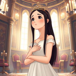 A full-body illustration of a 13-year-old white Brazilian princess with long, straight black hair and dark eyes, adorned with a delicate crown