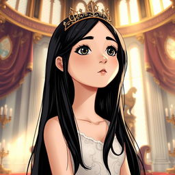 A full-body illustration of a 13-year-old white Brazilian princess with long, straight black hair and dark eyes, adorned with a delicate crown