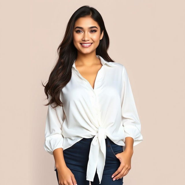 A beautiful Indonesian woman named Julia Verity wearing a neatly styled loose white blouse that drapes elegantly over her body in a casual yet sophisticated way