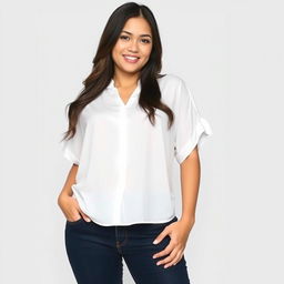 A beautiful Indonesian woman named Julia Verity wearing a neatly styled loose white blouse that drapes elegantly over her body in a casual yet sophisticated way