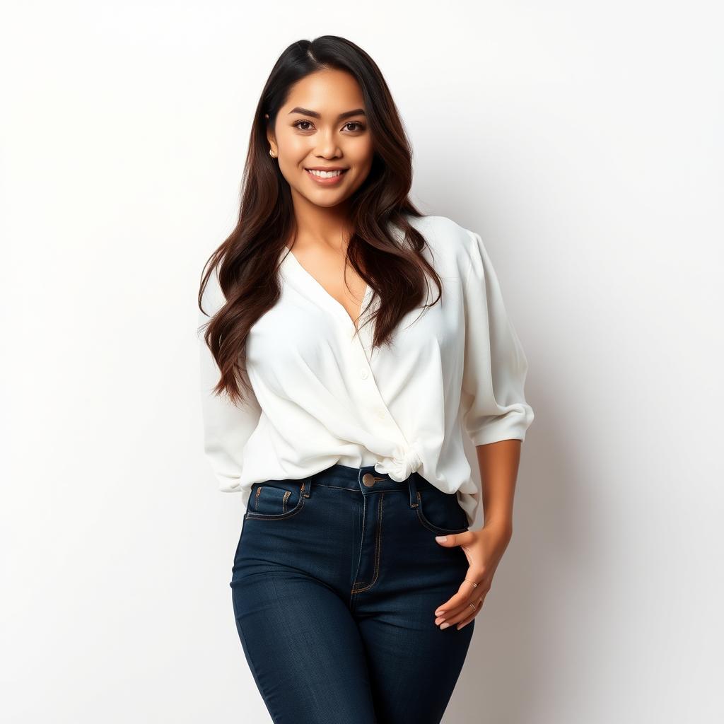 A beautiful Indonesian woman named Julia Verity wearing a neatly styled loose white blouse that drapes elegantly over her body in a casual yet sophisticated way