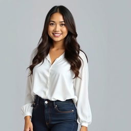 A beautiful Indonesian woman named Julia Verity wearing a neatly styled loose white blouse that drapes elegantly over her body in a casual yet sophisticated way