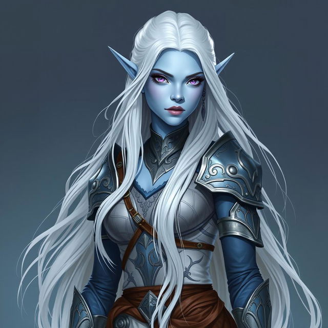 In the style of DnD character art, Lucira is portrayed as a striking figure with smooth light blue skin, showcasing her elven heritage