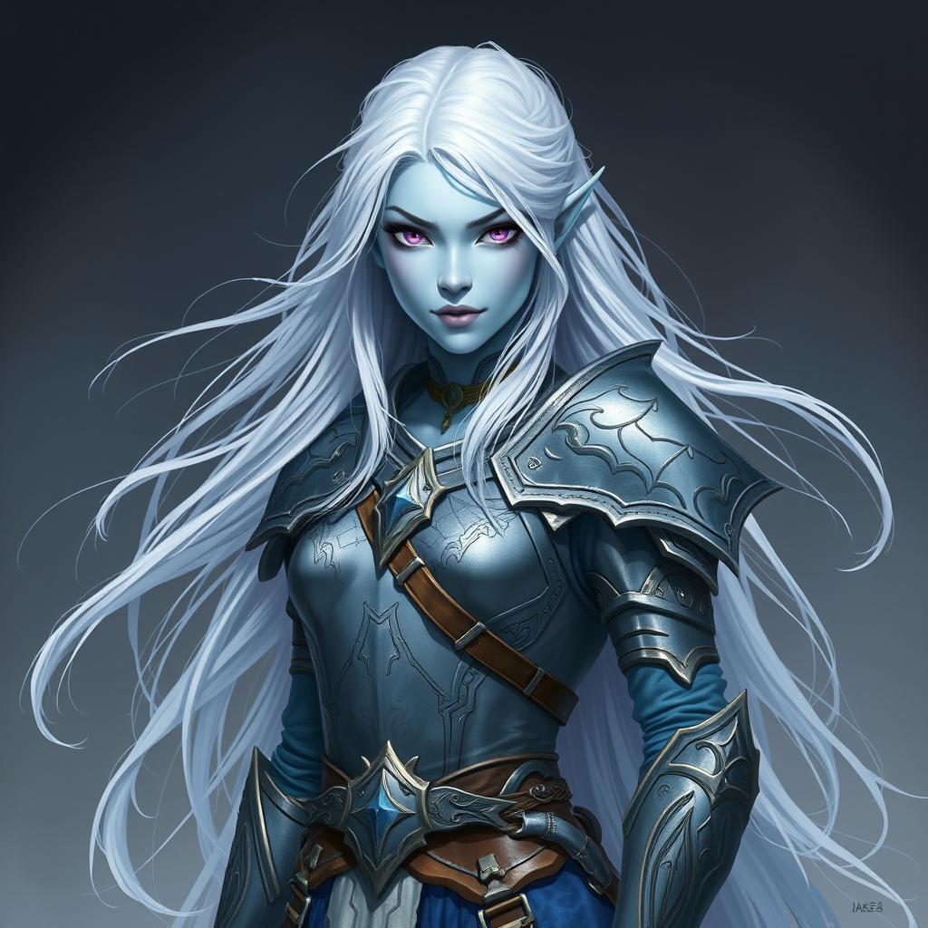 In the style of DnD character art, Lucira is portrayed as a striking figure with smooth light blue skin, showcasing her elven heritage