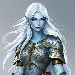 In the style of DnD character art, Lucira is portrayed as a striking figure with smooth light blue skin, showcasing her elven heritage