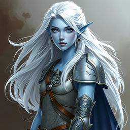 In the style of DnD character art, Lucira is portrayed as a striking figure with smooth light blue skin, showcasing her elven heritage