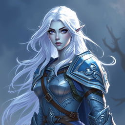 In the style of DnD character art, Lucira is depicted as a striking figure with smooth light blue skin that emits a soft glow