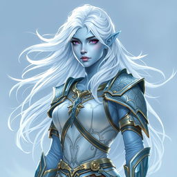 In the style of DnD character art, Lucira is depicted as a striking figure with smooth light blue skin that emits a soft glow