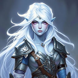 In the style of DnD character art, Lucira is depicted as a striking figure with smooth light blue skin that emits a soft glow