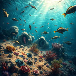 A vibrant underwater scene illustrating the Cambrian explosion, featuring an array of diverse and colorful marine life including trilobites, anomalocaridids, and early fish
