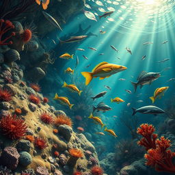 A vibrant underwater scene illustrating the Cambrian explosion, featuring an array of diverse and colorful marine life including trilobites, anomalocaridids, and early fish