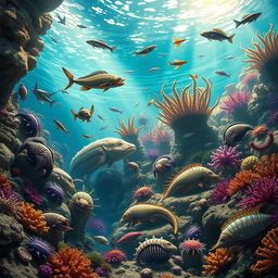 A vibrant underwater scene illustrating the Cambrian explosion, featuring an array of diverse and colorful marine life including trilobites, anomalocaridids, and early fish