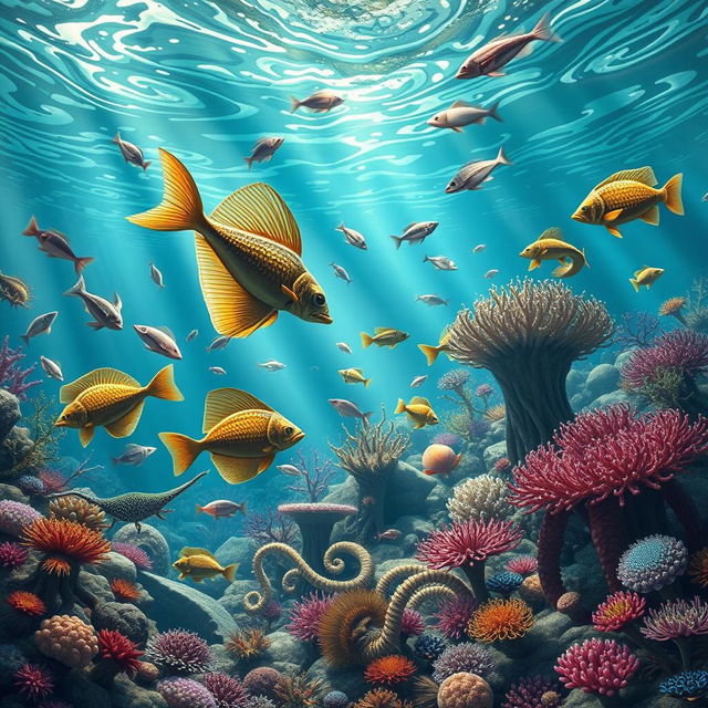 A vibrant underwater scene illustrating the Cambrian explosion, featuring an array of diverse and colorful marine life including trilobites, anomalocaridids, and early fish