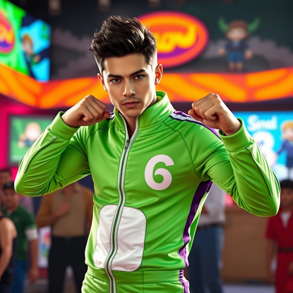 A male character dressed in a Squid Game player costume, which includes a bright green tracksuit with a white number on the front, and a white number on the back