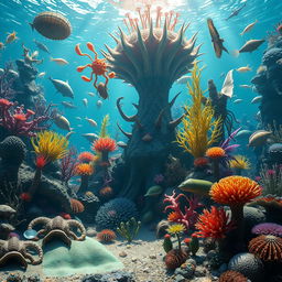 An artistic representation of the Cambrian explosion, showcasing a vibrant underwater scene filled with diverse and fantastical marine life