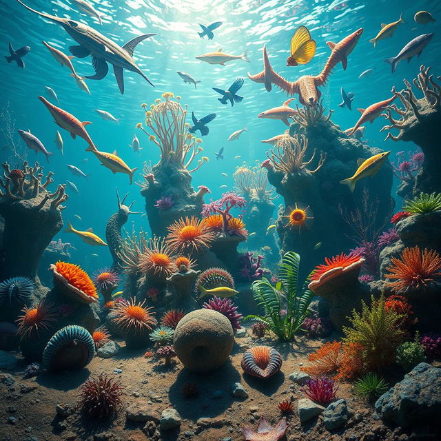 An artistic representation of the Cambrian explosion, showcasing a vibrant underwater scene filled with diverse and fantastical marine life