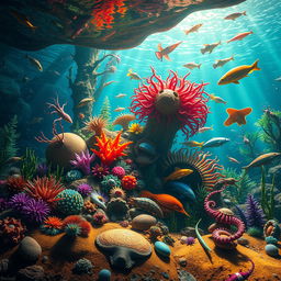 An artistic representation of the Cambrian explosion, showcasing a vibrant underwater scene filled with diverse and fantastical marine life