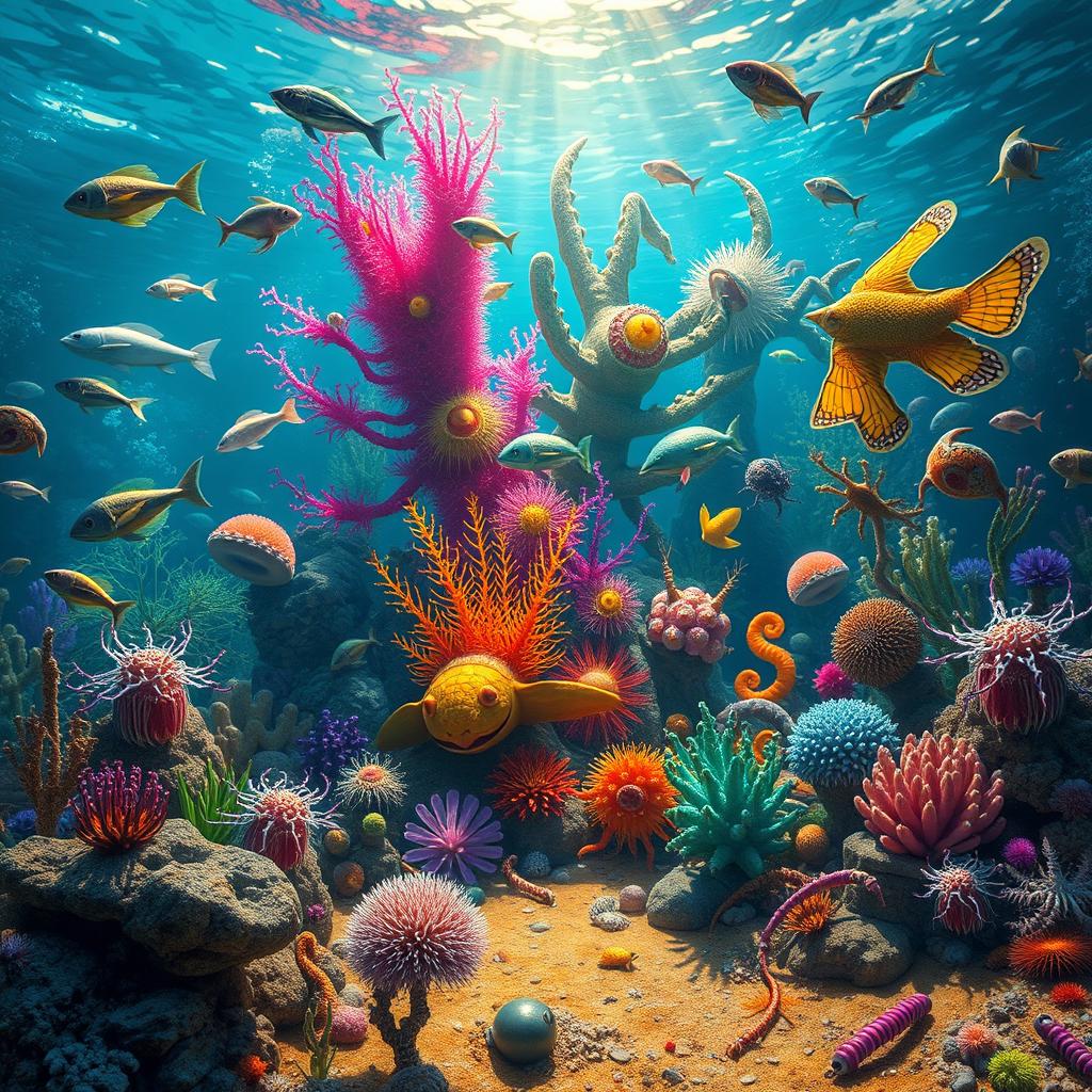 An artistic representation of the Cambrian explosion, showcasing a vibrant underwater scene filled with diverse and fantastical marine life