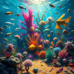 An artistic representation of the Cambrian explosion, showcasing a vibrant underwater scene filled with diverse and fantastical marine life