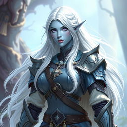 In the style of DnD character art, Lucira is a striking figure with smooth light blue skin that glows softly